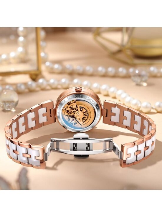 Women\'s Rose Gold Silver Automatic Luxury Ceramic Strap Self Winding Wristwatch
